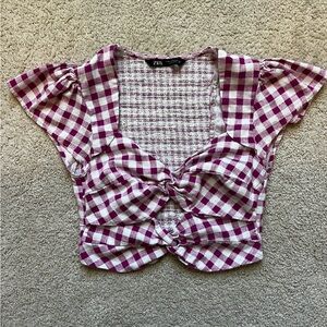Zara Pink & White Gingham Twist Front Crop Top – Women’s Medium – Puff Sleeve